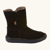 Side of Froddo barefoot kids suede tex boots in black with a fluffy fleece inner liner. Boot is a mid calf boot shape