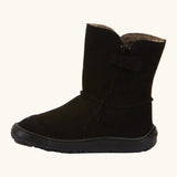 Side of Froddo barefoot kids suede tex boots in black showing the zip fastener detail