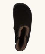 Top view of the Froddo barefoot kids suede tex boots in black showing the fluffy fleece inner liner