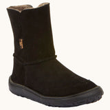 Froddo barefoot kids suede tex boots in black with a fluffy fleece inner liner and brown flexible rubber sole