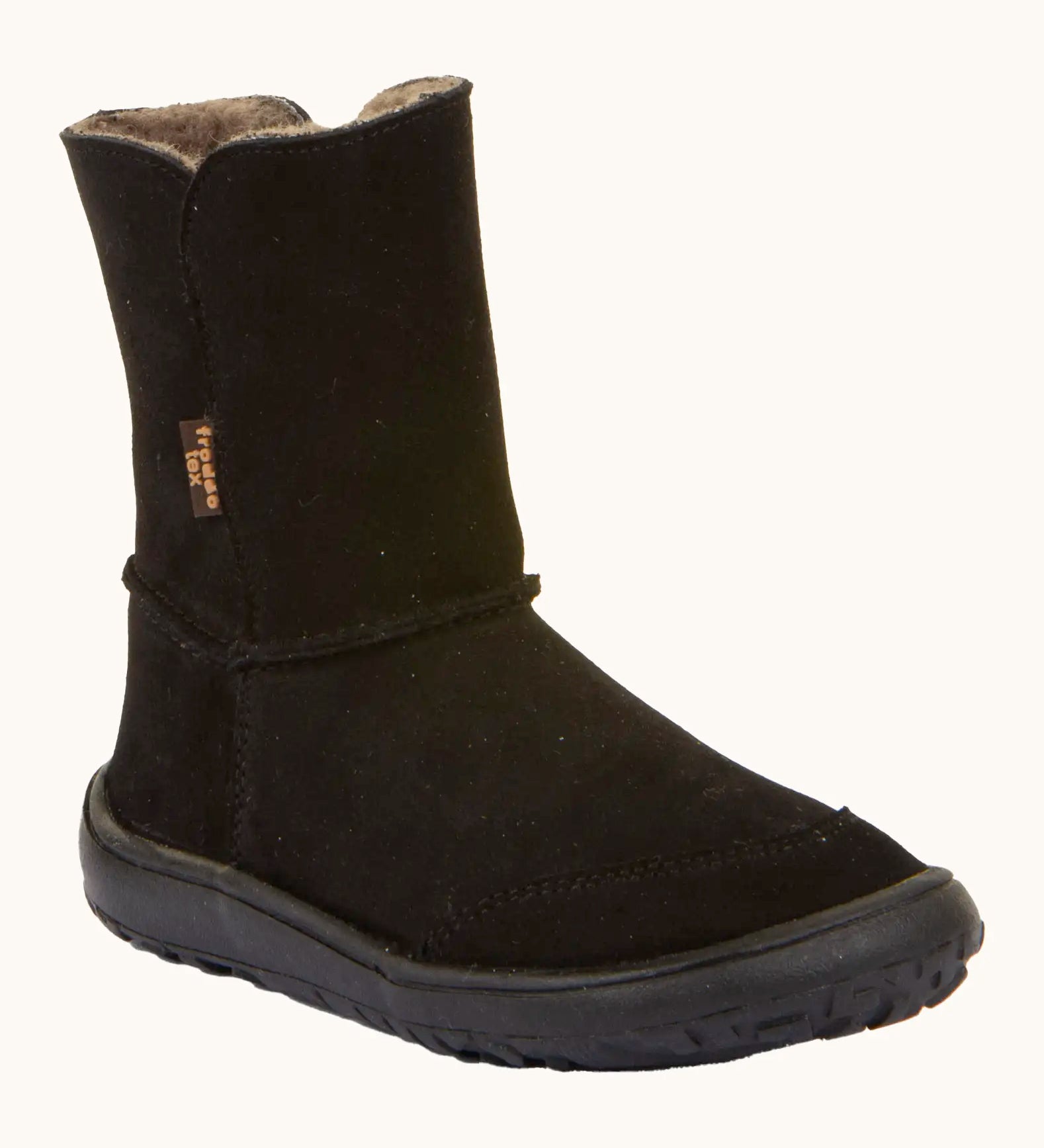 Froddo barefoot kids suede tex boots in black with a fluffy fleece inner liner and brown flexible rubber sole