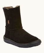 Froddo barefoot kids suede tex boots in black with a fluffy fleece inner liner and brown flexible rubber sole
