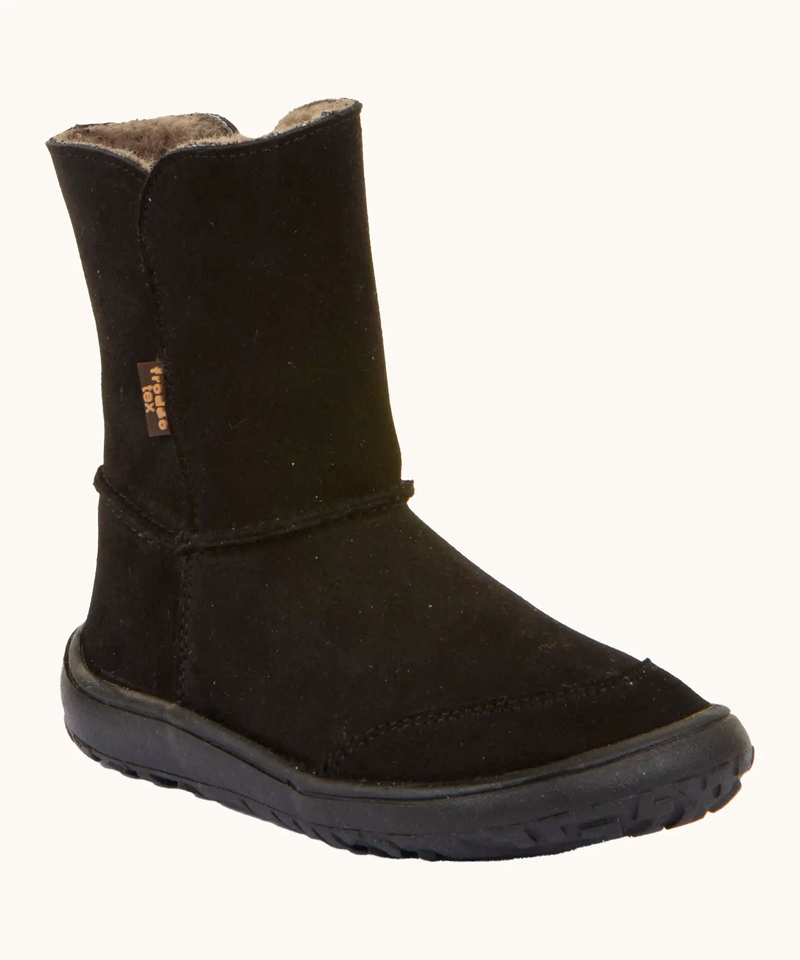 Froddo barefoot kids suede tex boots in black with a fluffy fleece inner liner and brown flexible rubber sole