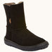 Froddo barefoot kids suede tex boots in black with a fluffy fleece inner liner and brown flexible rubber sole