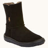 Froddo barefoot kids suede tex boots in black with a fluffy fleece inner liner and brown flexible rubber sole