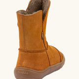 Back of Froddo barefoot kids suede tex boots in rusty brown showing fluffy fleece inner liner and brown rubber sole