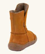 Back of Froddo barefoot kids suede tex boots in rusty brown showing fluffy fleece inner liner and brown rubber sole