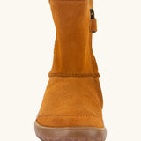 Front of Froddo barefoot kids suede tex boots in rusty brown. Boot is a mid calf boot shape