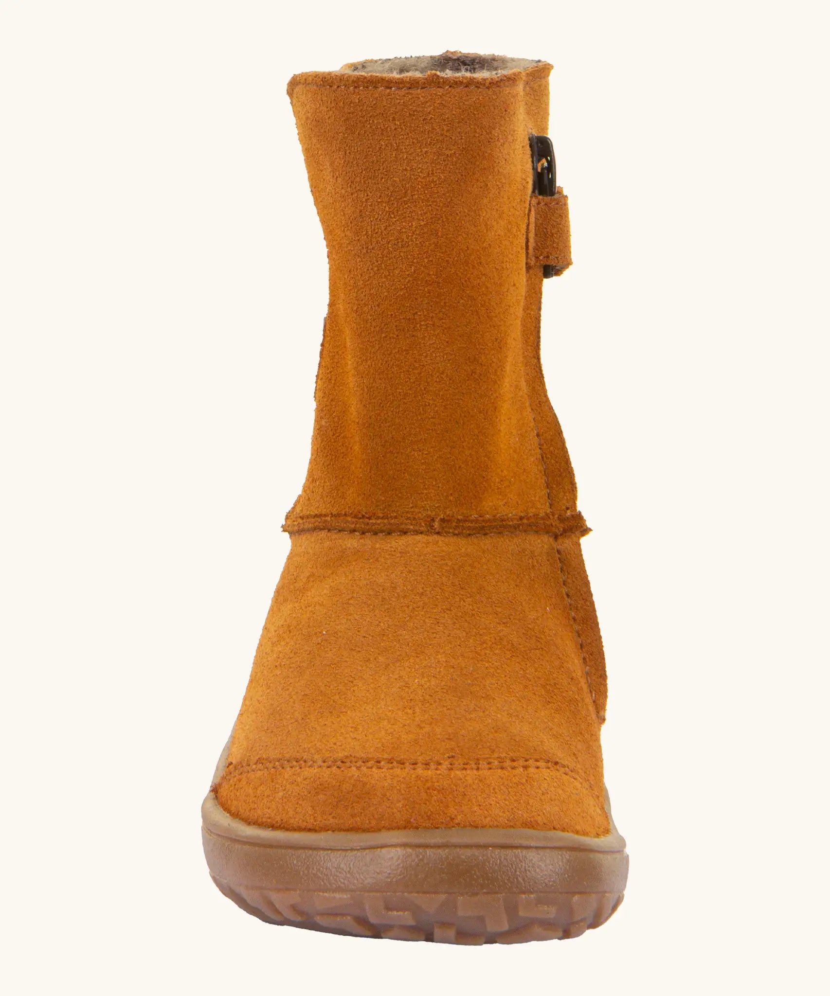 Front of Froddo barefoot kids suede tex boots in rusty brown. Boot is a mid calf boot shape