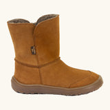 Side of Froddo barefoot kids suede tex boots in rusty brown with a fluffy fleece inner liner. Boot is a mid calf boot shape