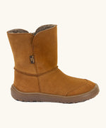 Side of Froddo barefoot kids suede tex boots in rusty brown with a fluffy fleece inner liner. Boot is a mid calf boot shape