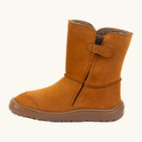 Side of Froddo barefoot kids suede tex boots in rusty brown showing black zip fastener detail