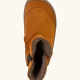 Top view of the Froddo barefoot kids suede tex boots in rusty brown showing the fluffy fleece inner liner