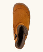Top view of the Froddo barefoot kids suede tex boots in rusty brown showing the fluffy fleece inner liner