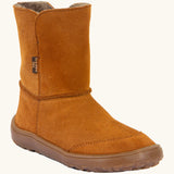 Froddo barefoot kids suede tex boots in rusty brown with a fluffy fleece inner liner and brown flexible rubber sole