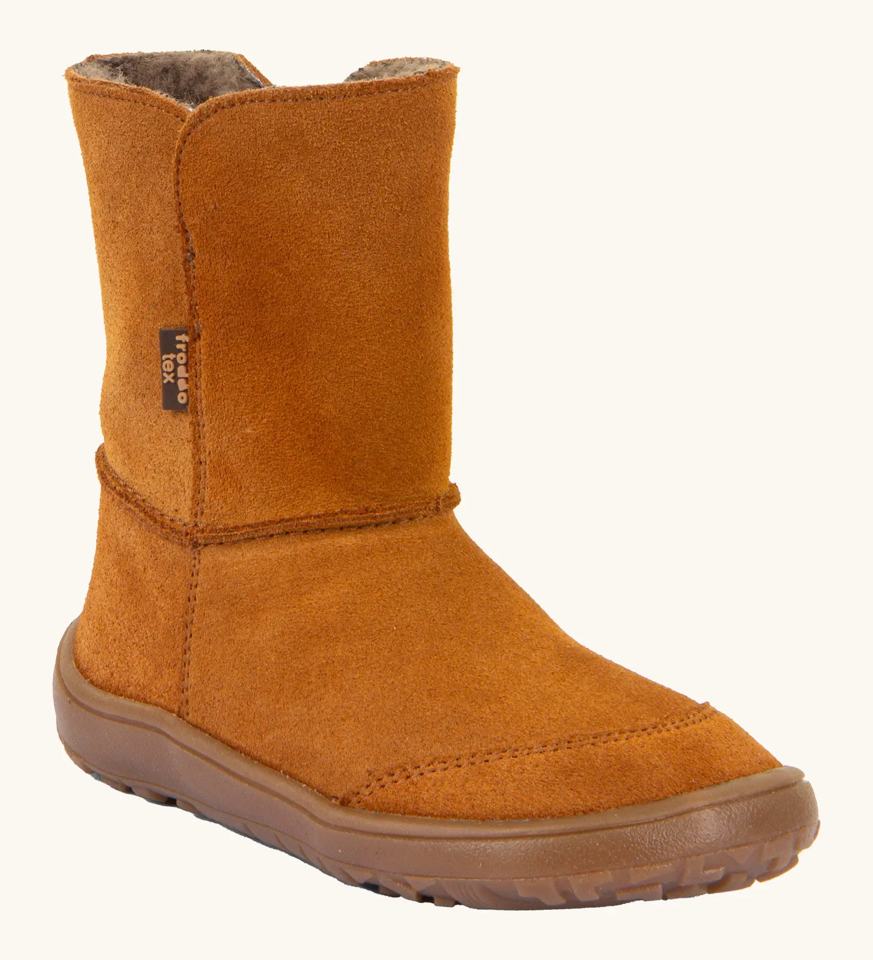 Froddo barefoot kids suede tex boots in rusty brown with a fluffy fleece inner liner and brown flexible rubber sole