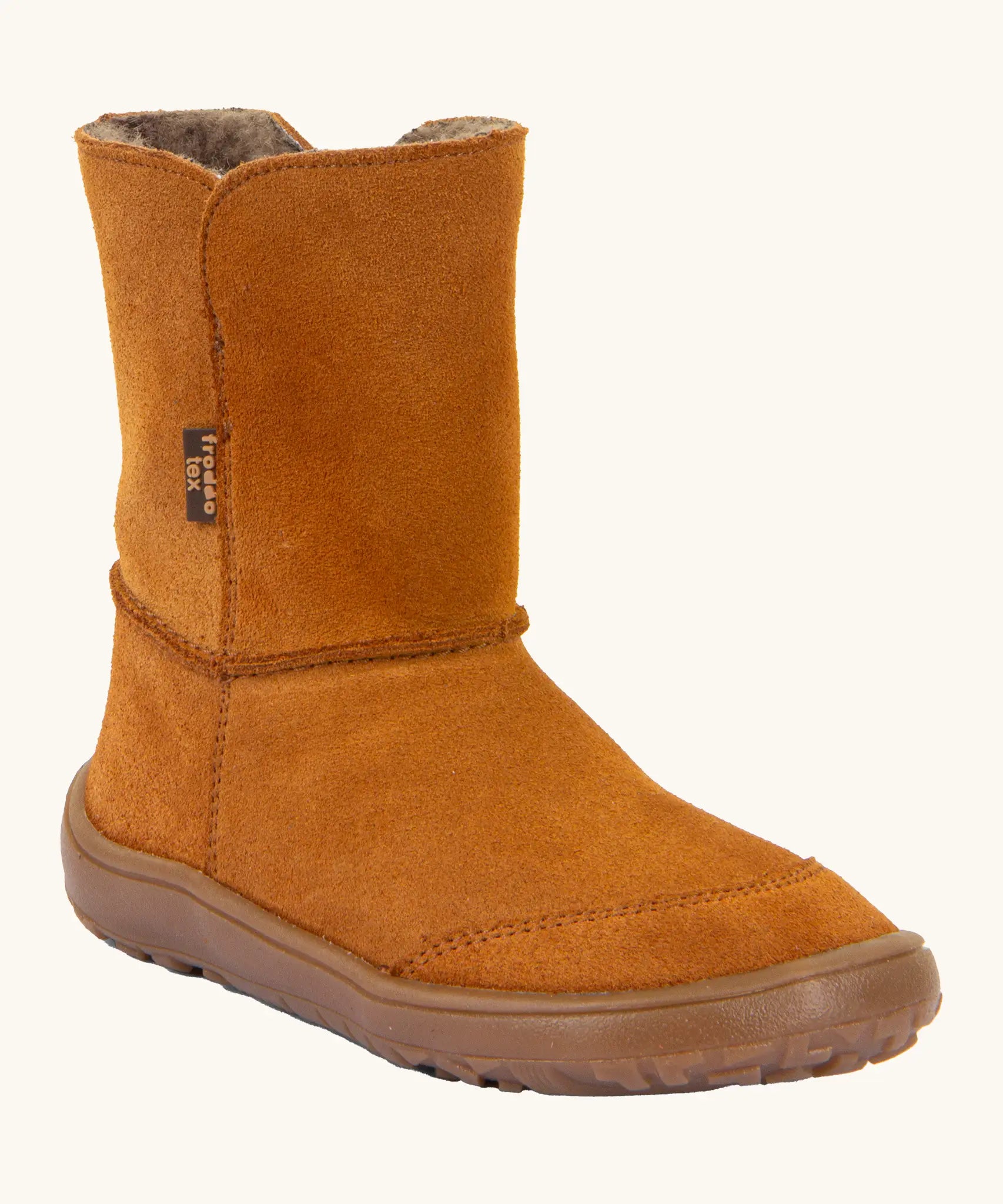 Froddo barefoot kids suede tex boots in rusty brown with a fluffy fleece inner liner and brown flexible rubber sole