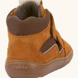 Back of the rusty brown Froddo barefoot kids TEX suede shoes with grippy sole showing the padded ankle support
