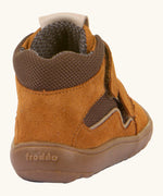 Back of the rusty brown Froddo barefoot kids TEX suede shoes with grippy sole showing the padded ankle support