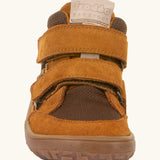 Front of the rusty brown Froddo barefoot kids TEX suede shoes with grippy sole. Shoes have a universal fit 