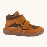 Side of the rusty brown Froddo barefoot kids TEX suede shoes with zero drop brown grippy sole and. velcro straps