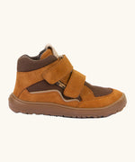 Side of the rusty brown Froddo barefoot kids TEX suede shoes with zero drop brown grippy sole and. velcro straps