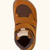 Top view of the rusty brown Froddo barefoot kids TEX suede shoes with two velcro straps. Shoes have a universal fit 