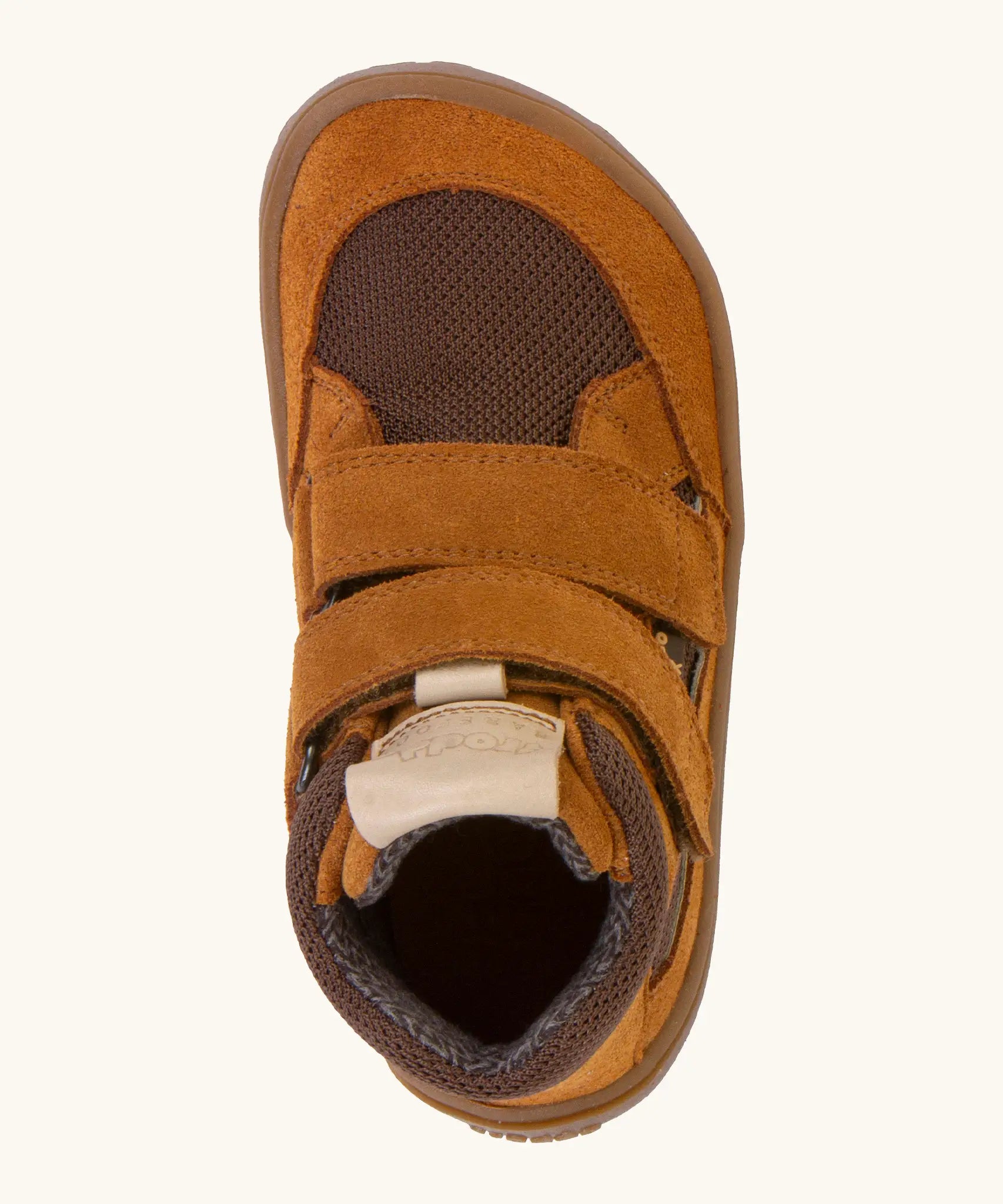 Top view of the rusty brown Froddo barefoot kids TEX suede shoes with two velcro straps. Shoes have a universal fit 