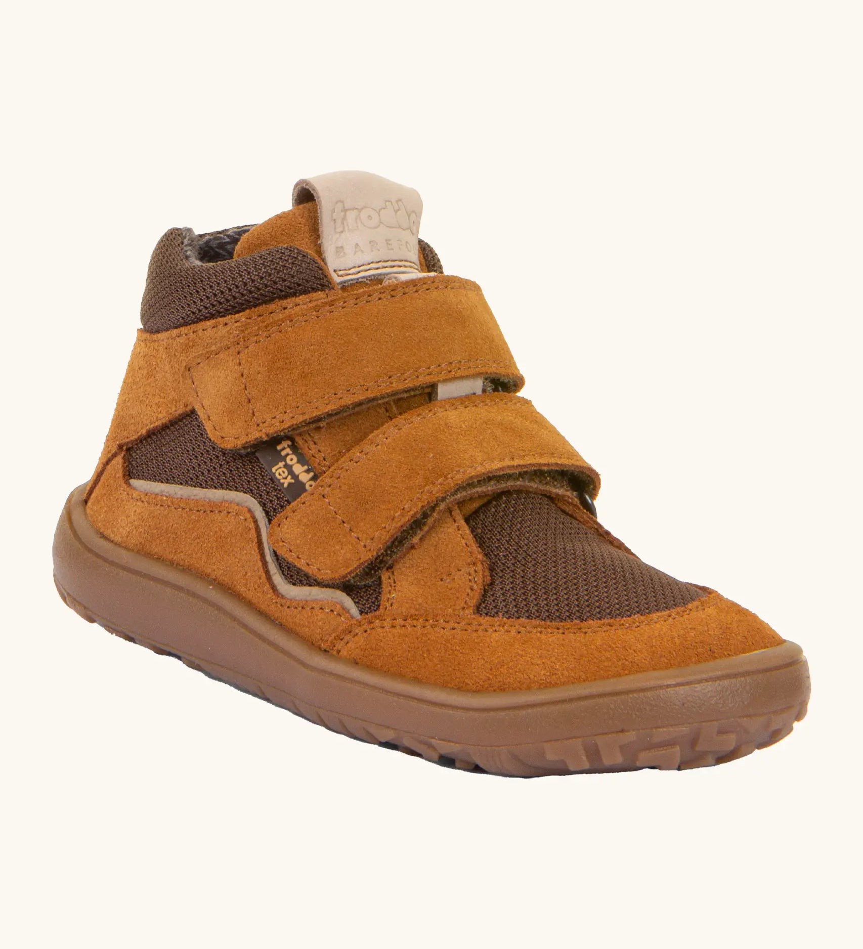 Rusty brown Froddo barefoot kids TEX suede shoes with 2 velcro straps and a zero-drop grippy sole