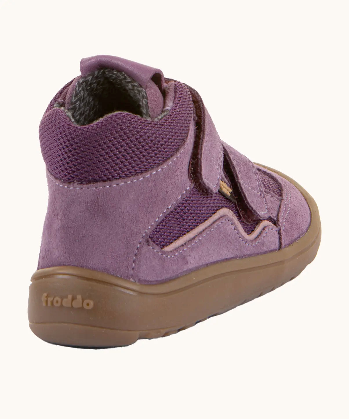 Back of the grape purple Froddo barefoot kids TEX suede shoes with grippy sole showing the padded ankle support