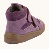 Back of the grape purple Froddo barefoot kids TEX suede shoes with grippy sole showing the padded ankle support
