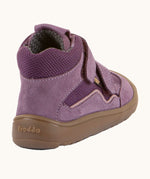 Back of the grape purple Froddo barefoot kids TEX suede shoes with grippy sole showing the padded ankle support