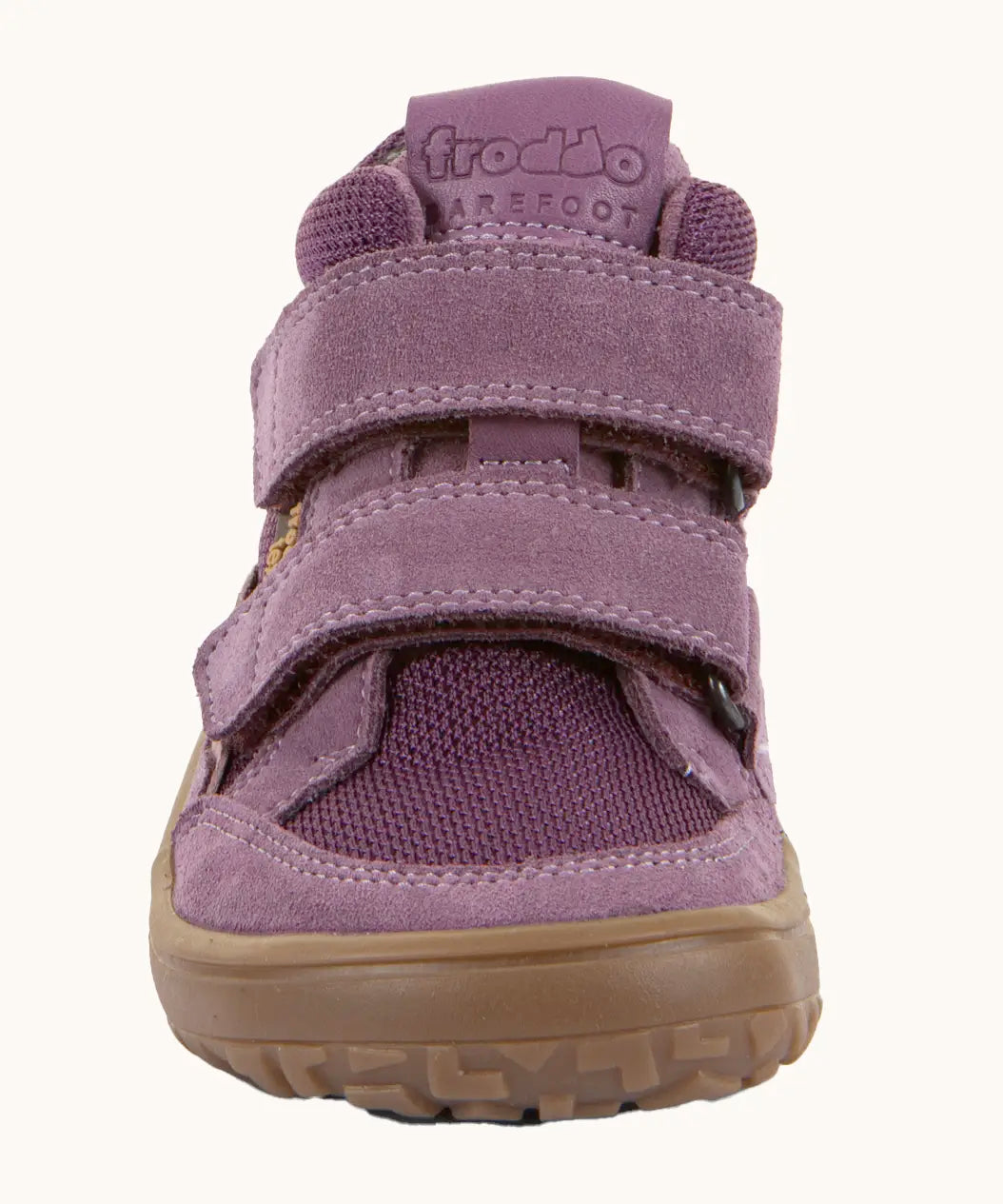 Front of the grape purple Froddo barefoot kids TEX suede shoes with grippy sole. Shoes have a universal fit 