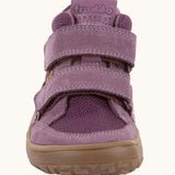 Front of the grape purple Froddo barefoot kids TEX suede shoes with grippy sole. Shoes have a universal fit 