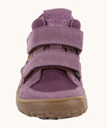 Front of the grape purple Froddo barefoot kids TEX suede shoes with grippy sole. Shoes have a universal fit 