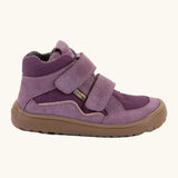Side of the grape purple Froddo barefoot kids TEX suede shoes with zero drop brown grippy sole