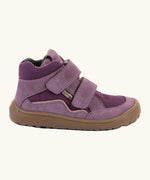 Side of the grape purple Froddo barefoot kids TEX suede shoes with zero drop brown grippy sole
