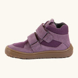 Side of the grape purple Froddo barefoot kids suede TEX shoes showing padded ankle support and velcro straps looped through the eyelets