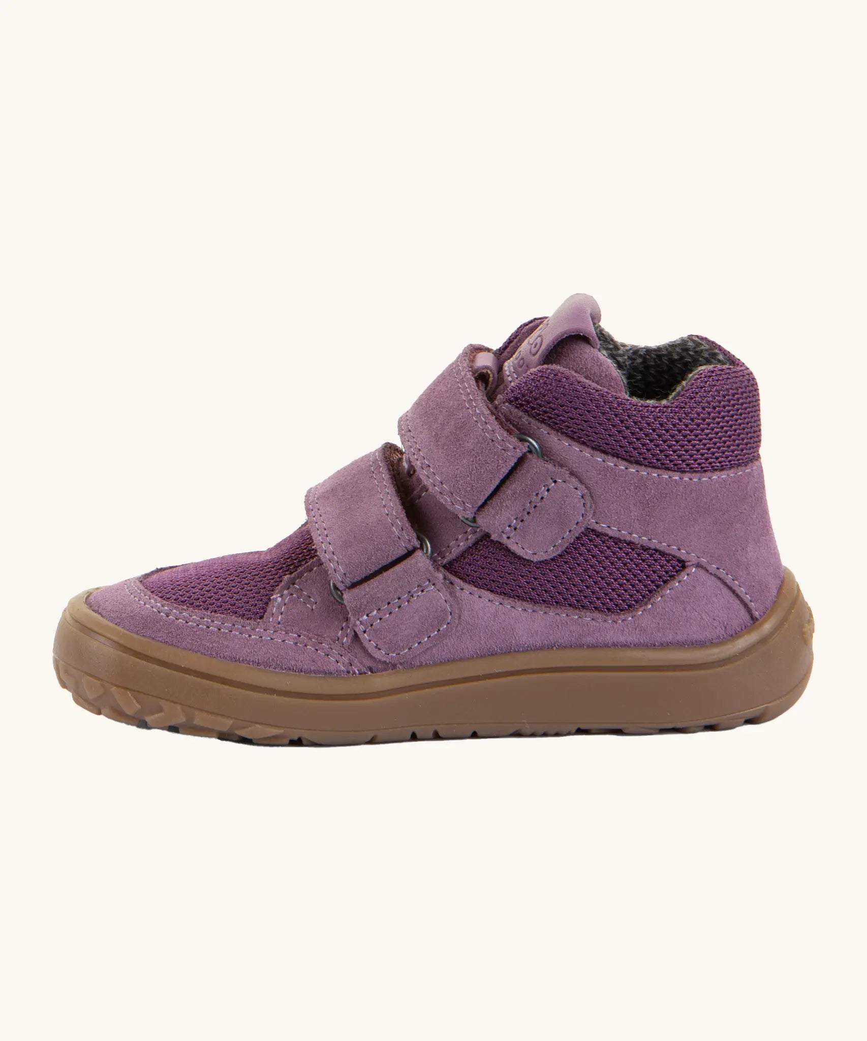 Side of the grape purple Froddo barefoot kids suede TEX shoes showing padded ankle support and velcro straps looped through the eyelets