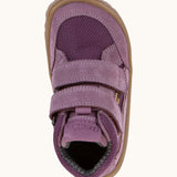 Top view of the grape purple Froddo barefoot kids TEX suede shoes with two velcro straps. Shoes have a universal fit 
