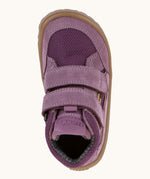 Top view of the grape purple Froddo barefoot kids TEX suede shoes with two velcro straps. Shoes have a universal fit 