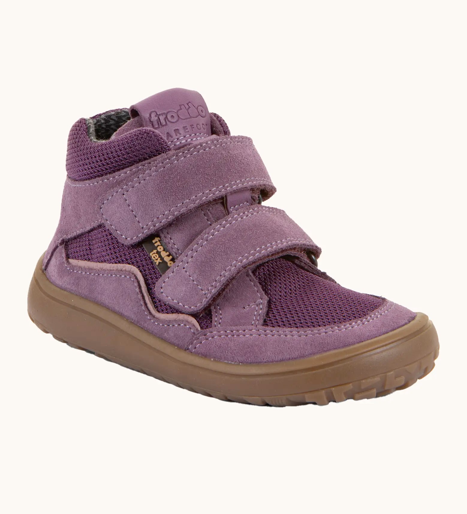 Grape purple Froddo barefoot kids TEX suede shoes with 2 velcro straps and a zero-drop grippy sole