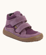 Grape purple Froddo barefoot kids TEX suede shoes with 2 velcro straps and a zero-drop grippy sole