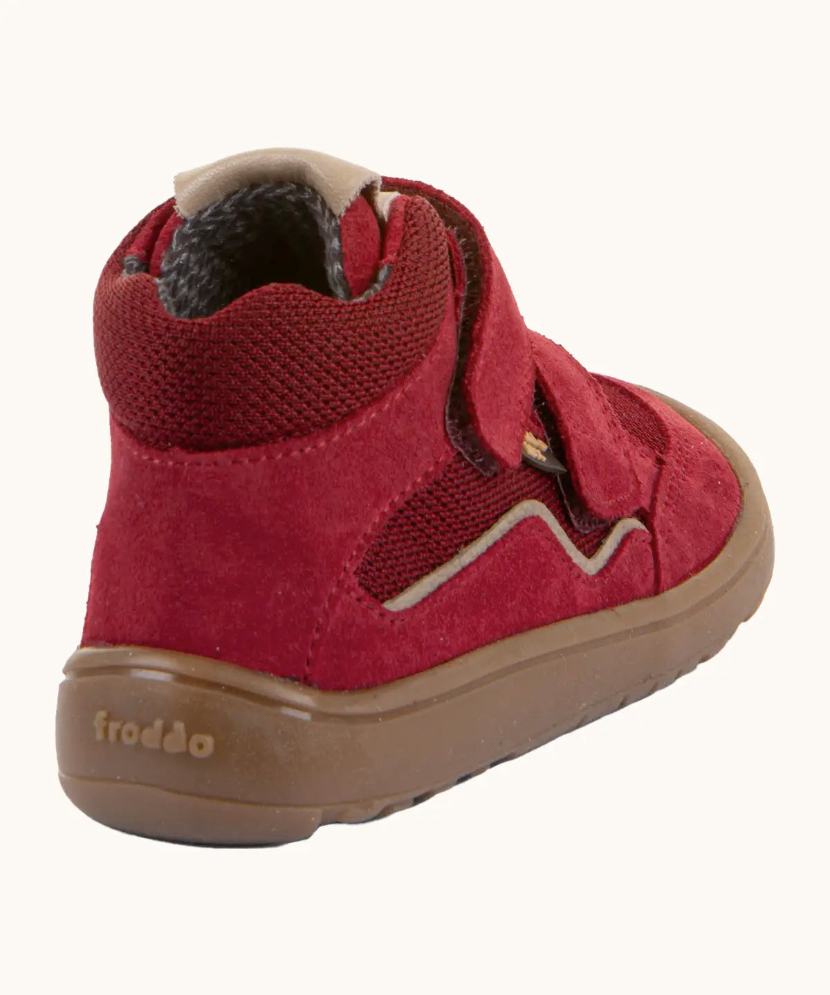 Back of the red Froddo barefoot kids TEX suede shoes with grippy sole showing the padded ankle support