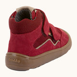Back of the red Froddo barefoot kids TEX suede shoes with grippy sole showing the padded ankle support