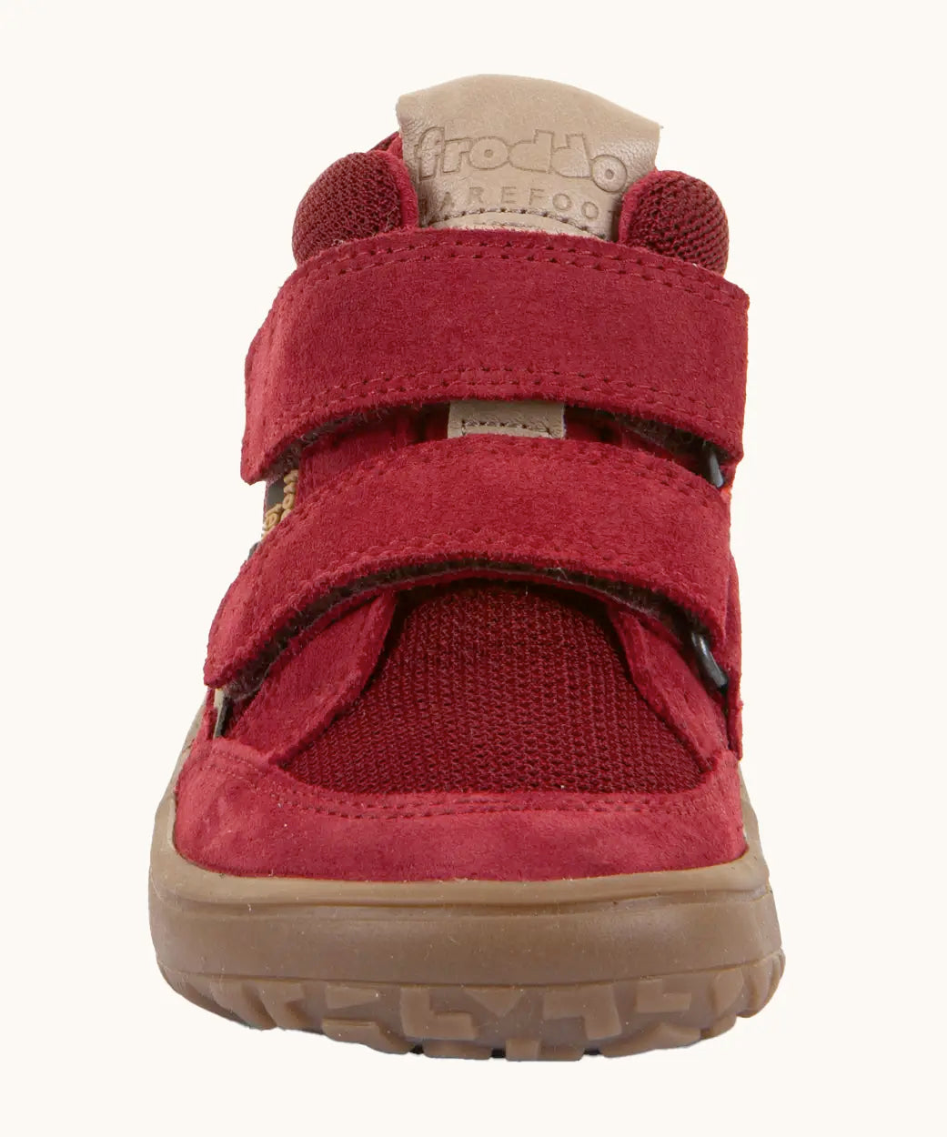 Front of the red Froddo barefoot kids TEX suede shoes with grippy sole. Shoes have a universal fit 