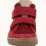 Front of the red Froddo barefoot kids TEX suede shoes with grippy sole. Shoes have a universal fit 