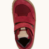 Top view of the red Froddo barefoot kids TEX suede shoes with two velcro straps. Shoes have a universal fit 
