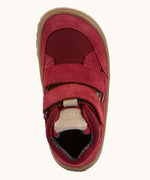 Top view of the red Froddo barefoot kids TEX suede shoes with two velcro straps. Shoes have a universal fit 