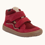 Red  Froddo barefoot kids TEX suede shoes with 2 velcro straps and a zero-drop grippy sole
